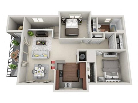 A 3D floor plan of a small apartment with a kitchen, living room, and bedroom.